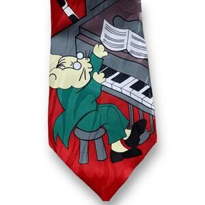 Vintage 90s Florence Cartoon Piano Tie Red Gray Beethoven Music Novelty Necktie